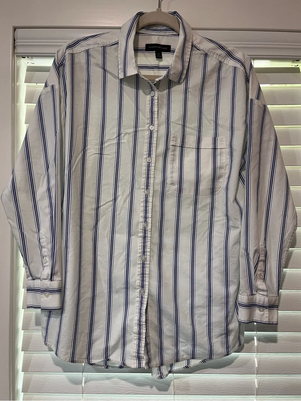 Banana Republic Men's White Button Down Shirt with Blue Stripes